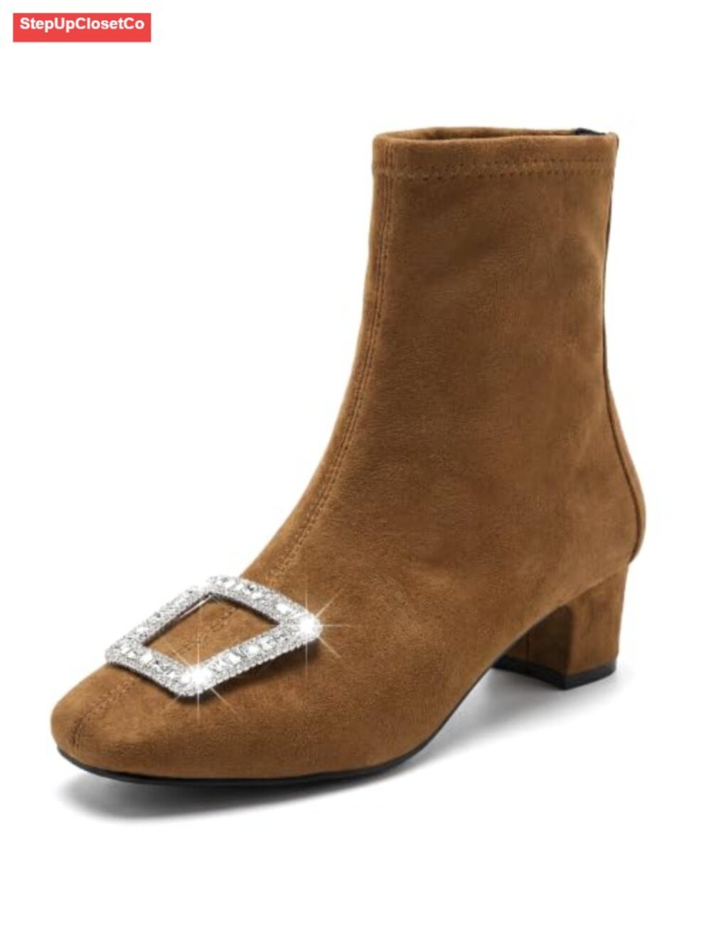 Faux Suede Rhinestone Buckle Square Toe Ankle Boots for Women